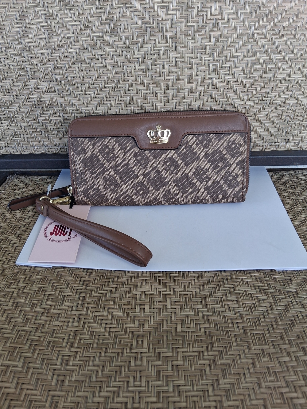 Juicy Couture Brown Monogram Zip-Around Wristlet Wallet with Crown Accent